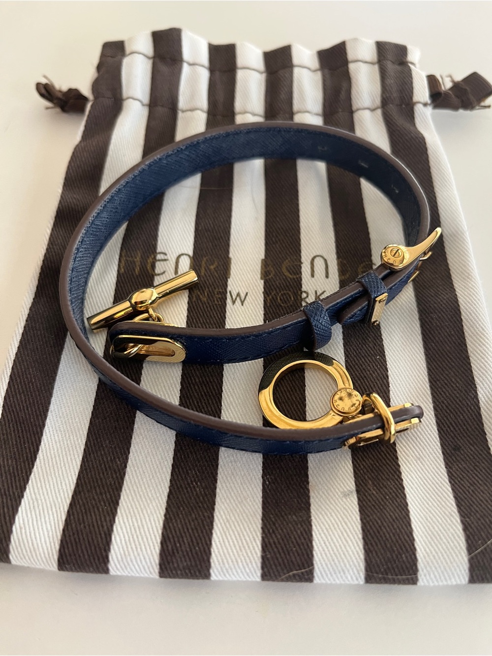 Henri Bendel Navy Blue Textured Leather Double Wrap Toggle Bracelet